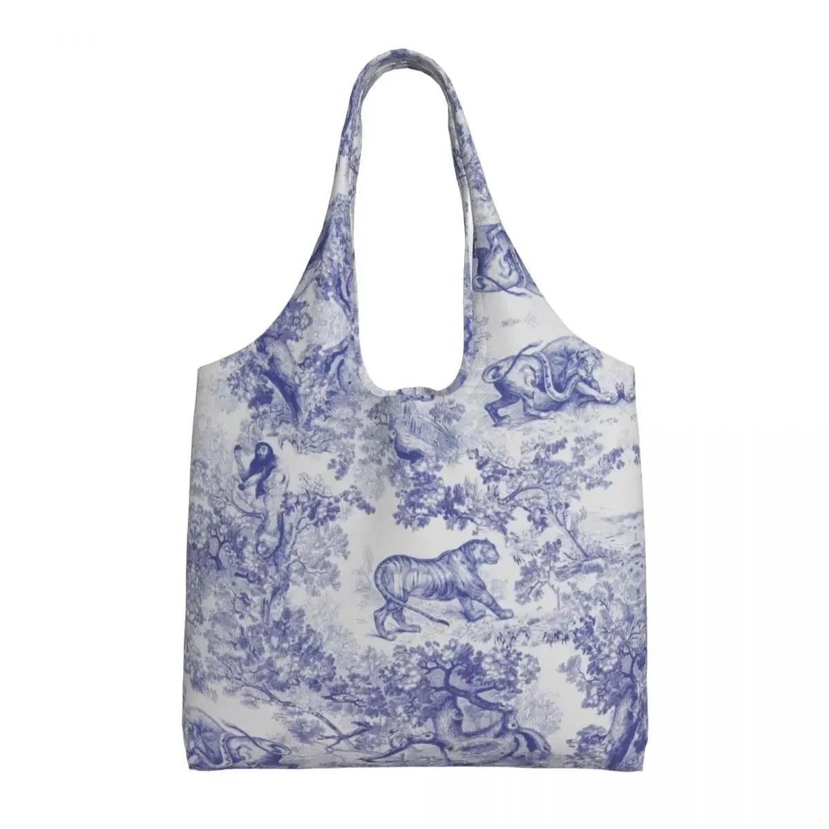 toile de jouy française classique vintage personnalisée, fourre-tout à motif bleu marine, fourre-tout de shopping en toile réutilisable, sac à bandoulière