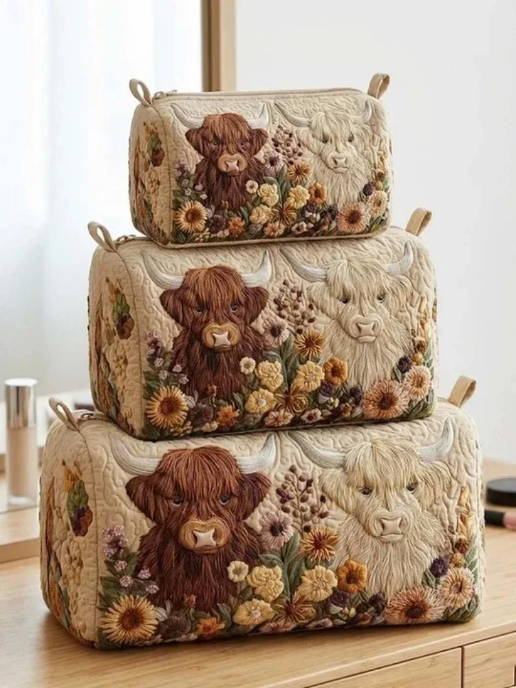 trousse de toilette matelassée 3 tailles, imprimée 3d animaux mignons et motifs floraux, pochette de maquillage patchwork, organisateur de voyage, boîte de rangement