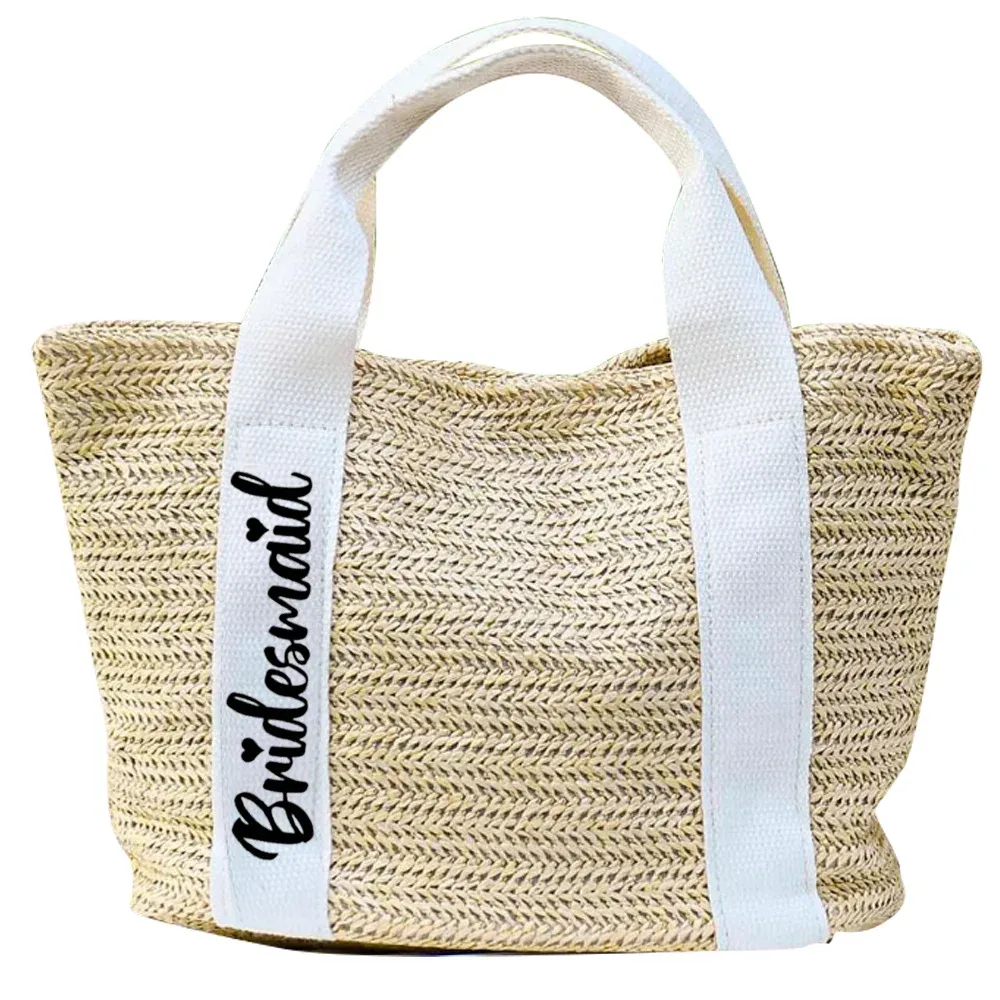 sac fourre-tout tissé en paille avec texte personnalisé, cadeaux de demoiselle d'honneur personnalisés, cadeaux de fête d'enterrement de vie de jeune fille, sac de plage en toile de jute