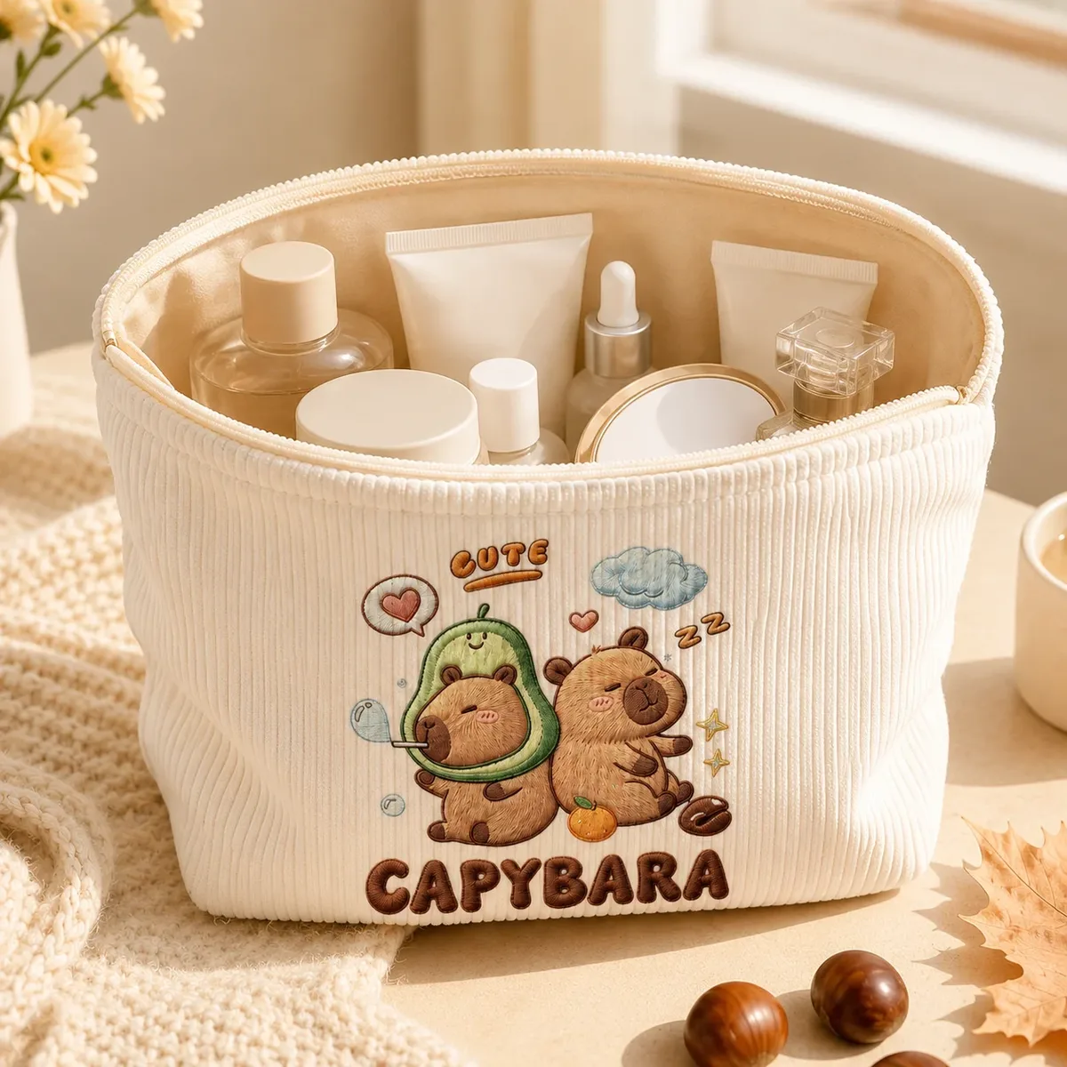 trousse de maquillage mignonne capybara en velours côtelé, grande capacité, pochette zippée pour femmes, organisateur de toilette de voyage, rangement beauté
