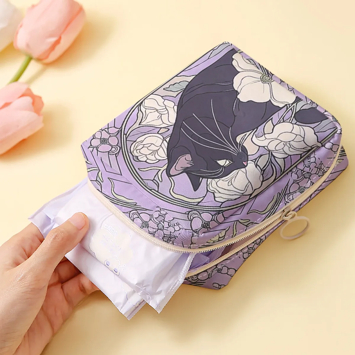 1 sac de rangement pour serviettes hygiéniques imprimé motif chat, sac léger pour mouchoirs pour femmes, sac pour mouchoirs hygiéniques