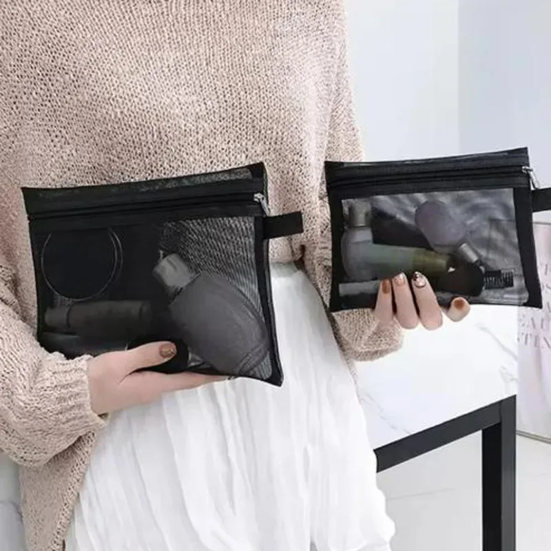 lot de 3 trousses de toilette transparentes en maille, légères et portables, pour maquillage et rangement, noires