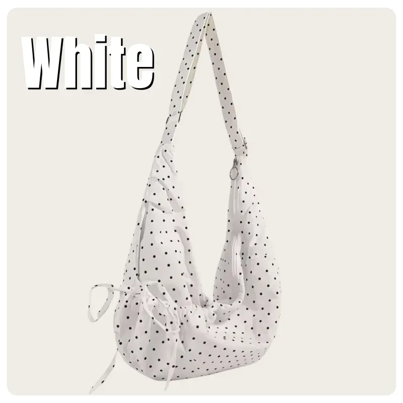 sac à bandoulière hobo de style coréen pour femmes, blanc, noir et rouge à pois, en nylon, avec sangle réglable, design à cordon de serrage, léger, grande capacité