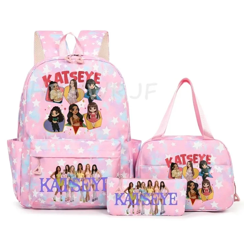 sac à dos katseye à thème musical, 3 pièces, imprimé étoiles roses, cartable amusant pour adolescents, étudiants, femmes, sac à dos pour ordinateur portable, sac de voyage mochila