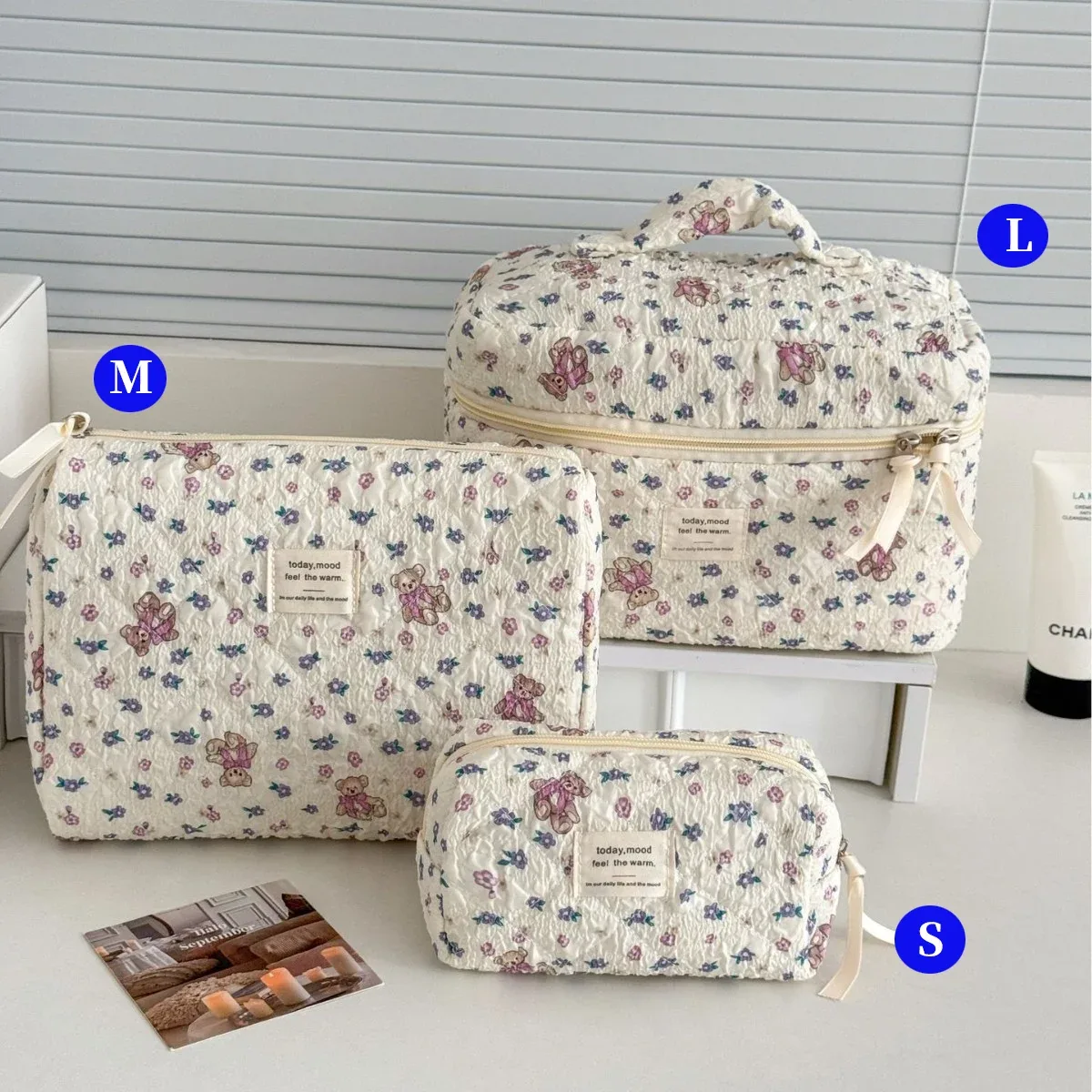 ensemble de trousses de toilette matelassées à fleurs style yt ins, en coton, pour organiser les cosmétiques, sacs de voyage pour articles de toilette, comme cadeau pour filles