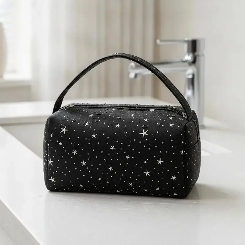 sac de rangement pour cosmétiques en nylon à motif étoilé, grande capacité, poignée portable, trousse de toilette imperméable pour les voyages.