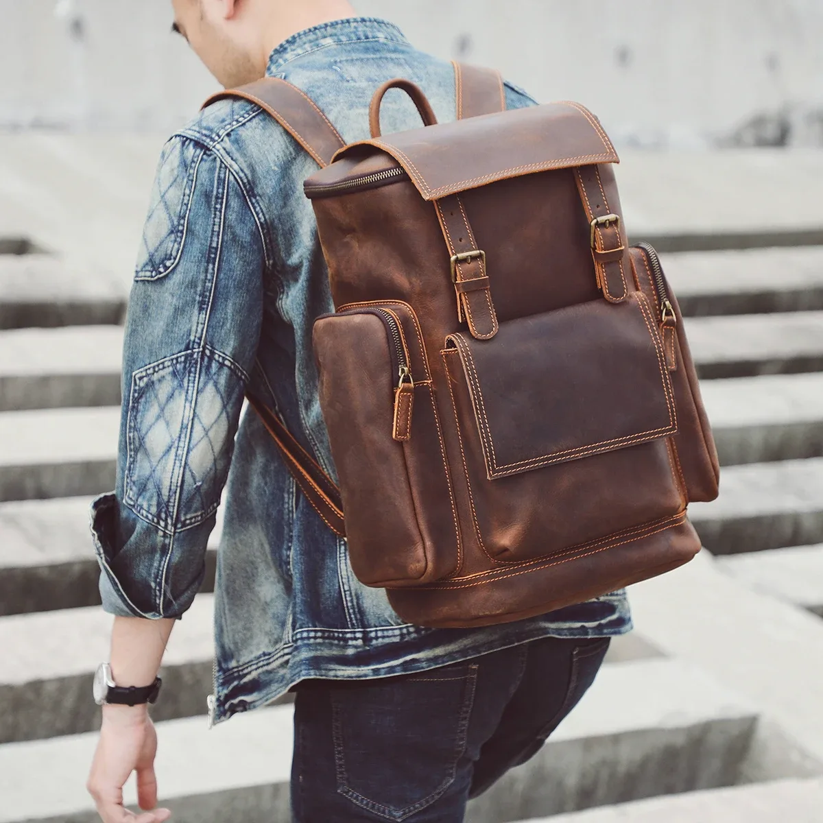 Sac à dos vintage en cuir véritable S.WORKER, sac pour ordinateur portable, sac d'école décontracté en cuir Crazy-horse, sac de voyage pour le week-end