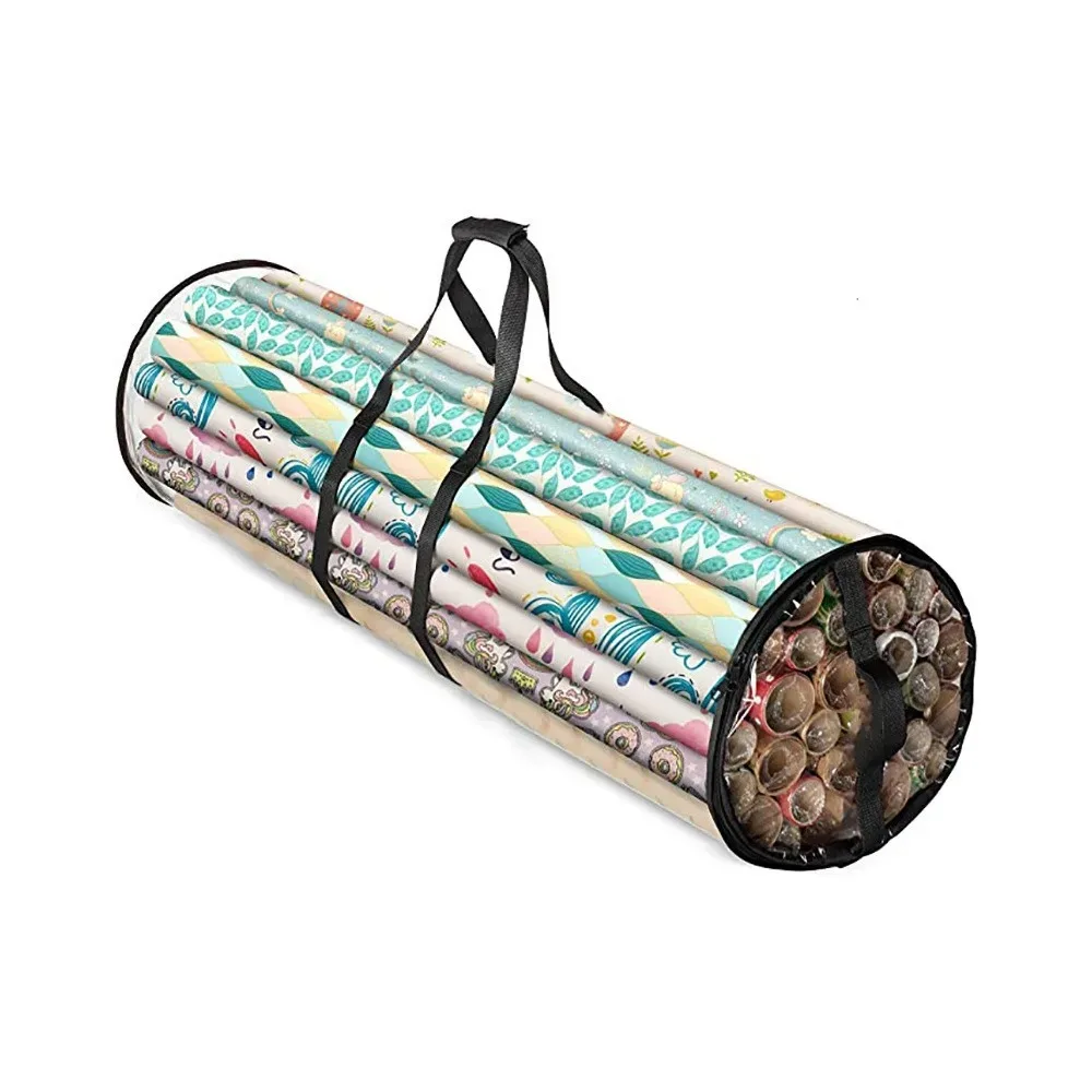 sac de rangement cylindrique en pvc transparent pour papier d'emballage, compatible avec les rouleaux standard de 30 pouces, pour sous le lit, dans le placard, ou comme support pour emballages cadeaux de fêtes