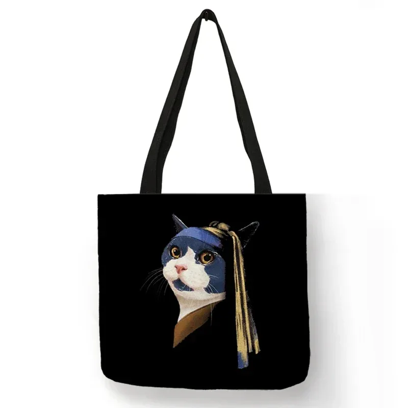 sac à bandoulière imprimé chat noir pour femmes, fourre-tout, sacs à main, peinture artistique animale, sac de shopping graphique pour boutique, supermarché, fourre-tout de plage