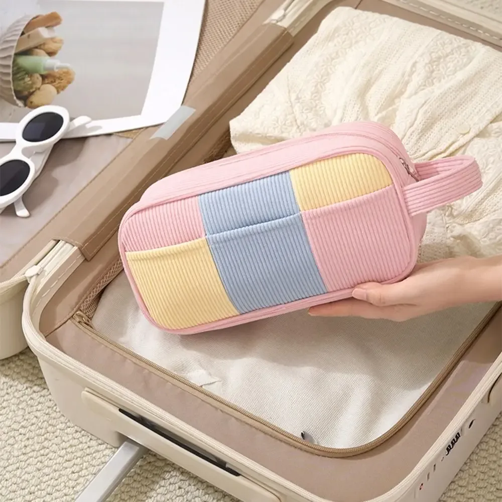trousse de maquillage femme grande capacité motif rayé couleur macaron sac cosmétique portable à main étui de rangement maquillage