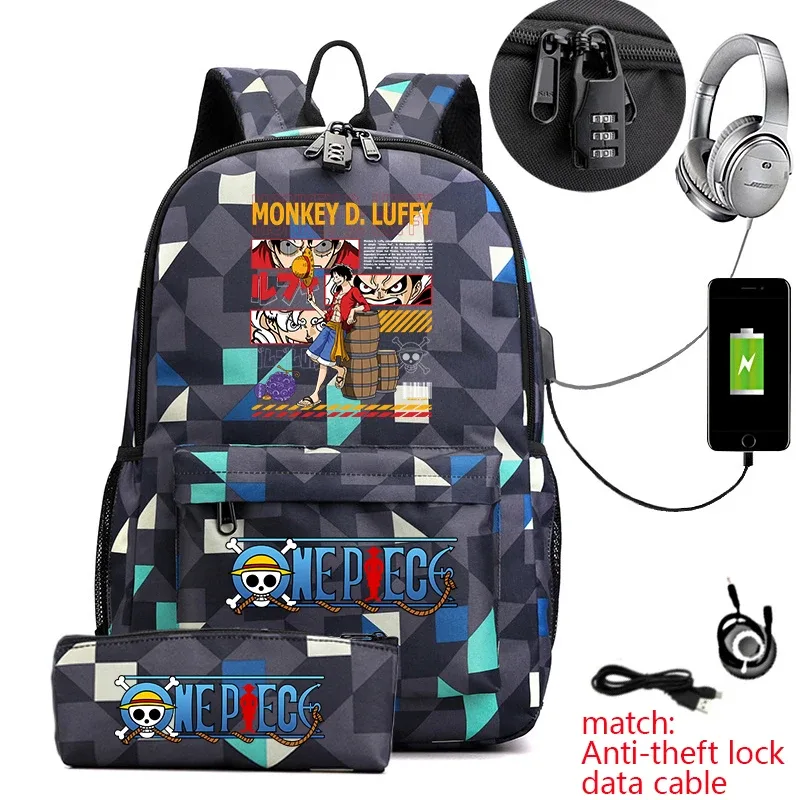 sac à dos d'étudiant imprimé one piece luffy, sac d'école décontracté antivol avec trousse à crayons pour garçons et filles