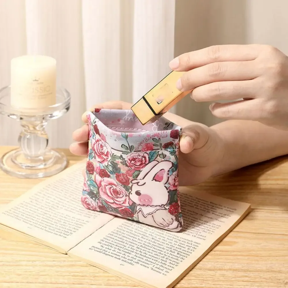 mini trousse de maquillage simple en cuir pu, sac de rangement pour rouge à lèvres imprimé à fermeture automatique, porte-monnaie à fleurs à fermeture automatique, sac pour écouteurs