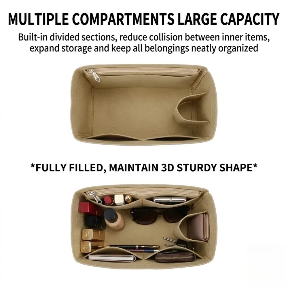 organisateur de sac à main en feutre avec fermeture éclair, multi-poches, compatible avec les sacs à main loewe puzzle small medium