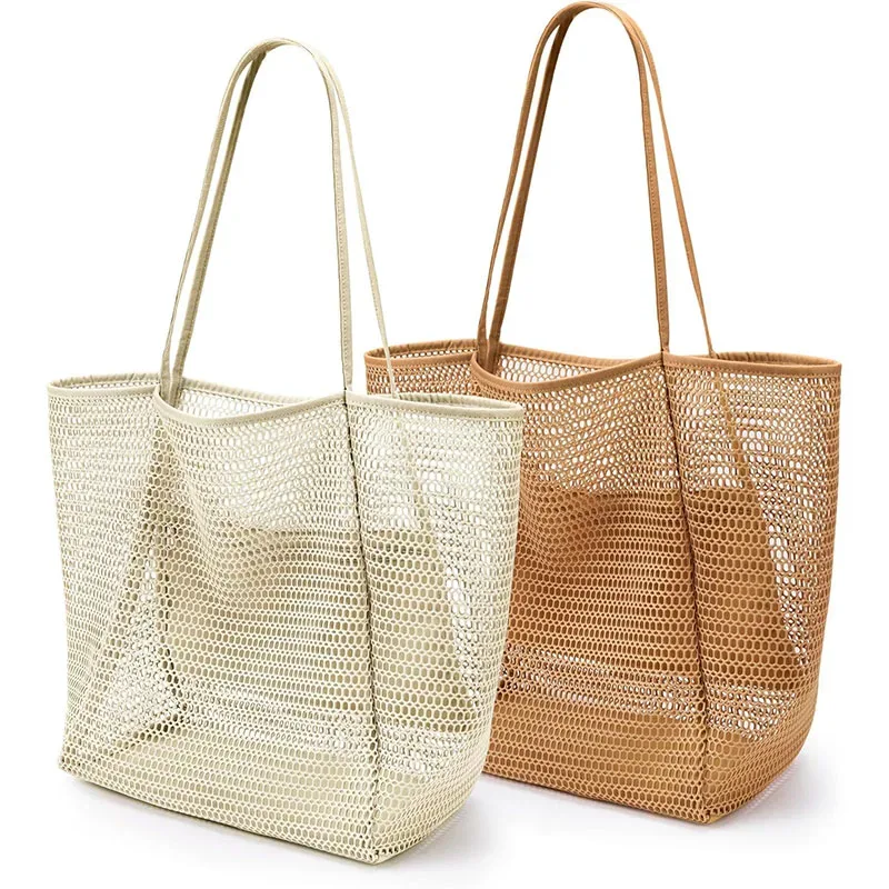 Sac fourre-tout en maille de nylon pour femme, sac fourre-tout décontracté, sac à bandoulière pliable pour la plage, le pique-nique, les vacances