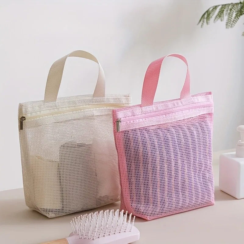 sac de rangement en maille portable pour sacs à main, design ajouré pour le bain, l'égouttage, les articles de toilette, les voyages, la natation, le maquillage.