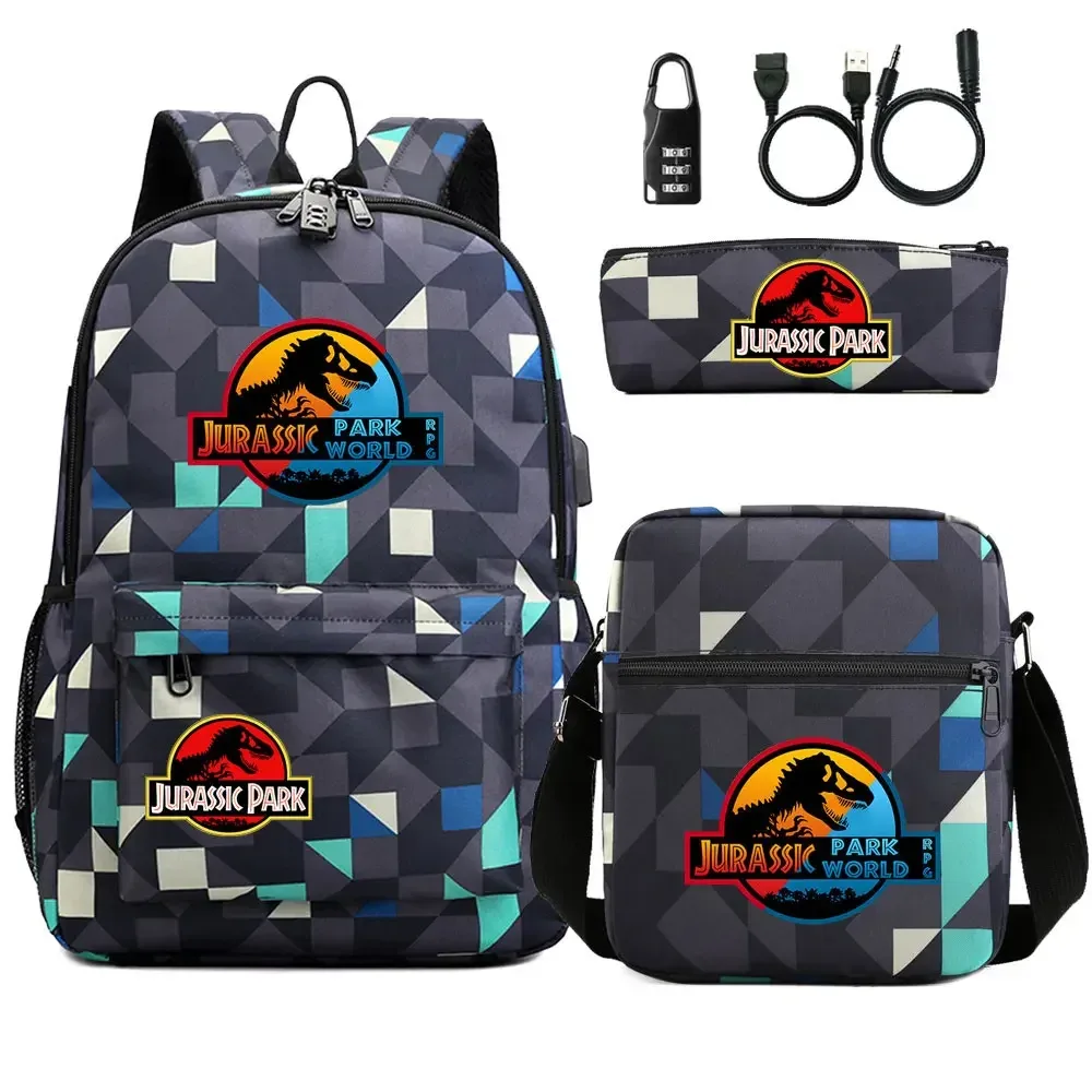 dinosaure jurassic park world 3 pièces usb antivol serrure garçon fille enfants école livre sacs voyage sac à dos sac à bandoulière stylo sac