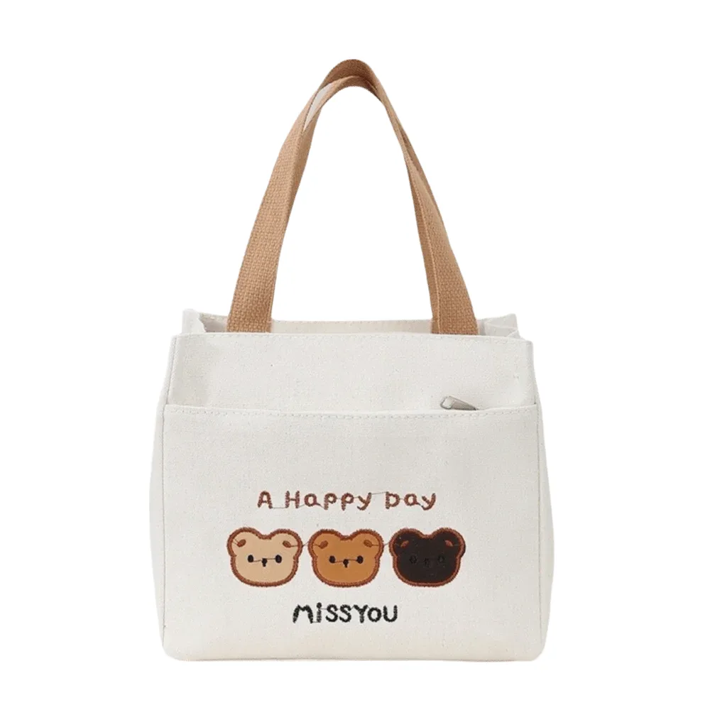 sac fourre-tout décontracté et mignon avec broderie 3 ours, fermeture éclair, grande capacité, sac à déjeuner en toile, pochette de rangement légère et réutilisable pour pique-nique