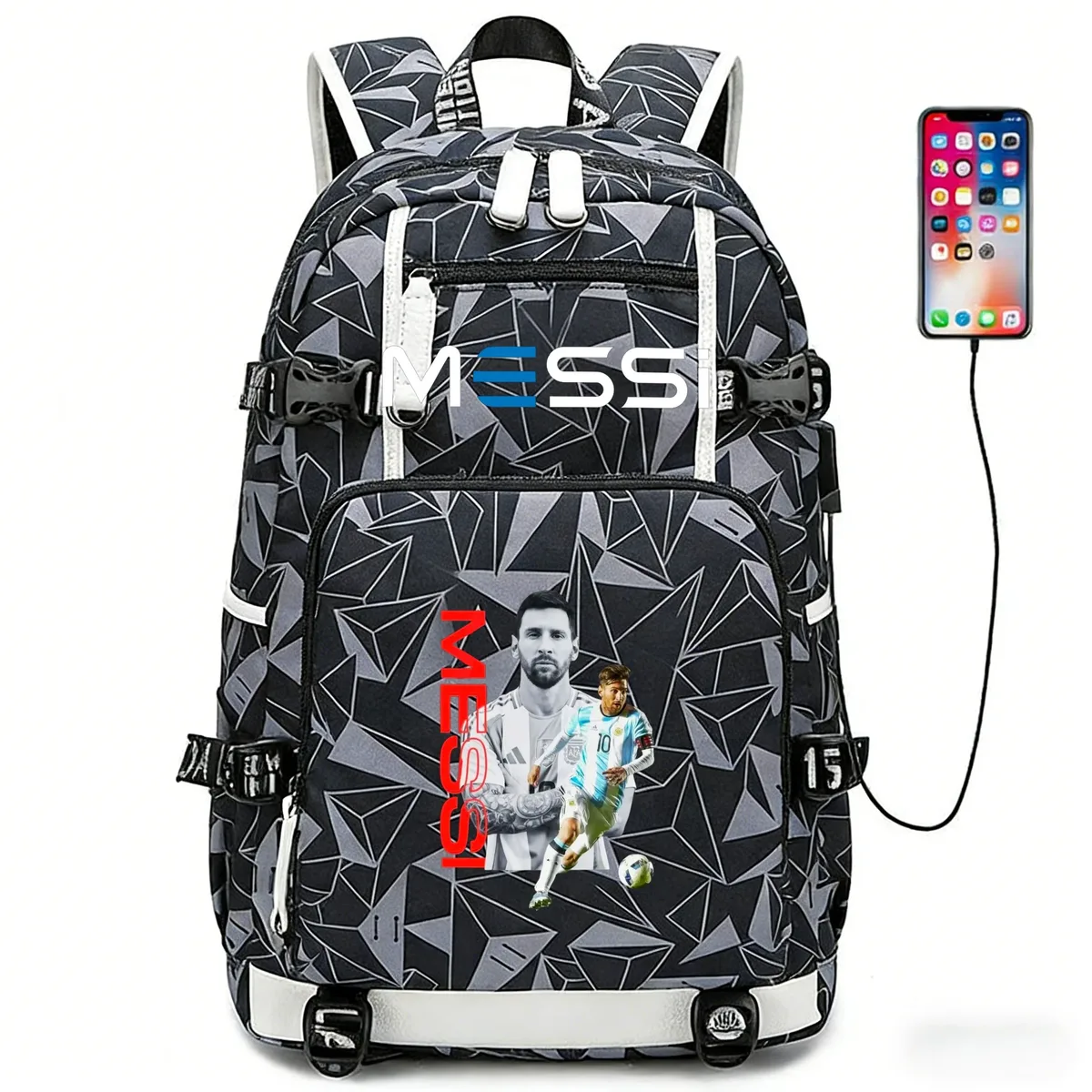 sac à dos de sport de football messi en tissu oxford avec fermeture à loquet, grande capacité, pour ordinateur portable, loisirs, voyage, école et étudiants