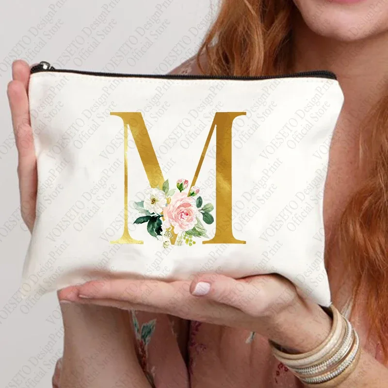 sac à fermeture éclair à motif initial pour femme, trousse de maquillage cosmétique, poudres de toile de bain de mariage, sacs de rouge à lèvres de voyage, cadeau de fête d'enterrement de vie de jeune fille