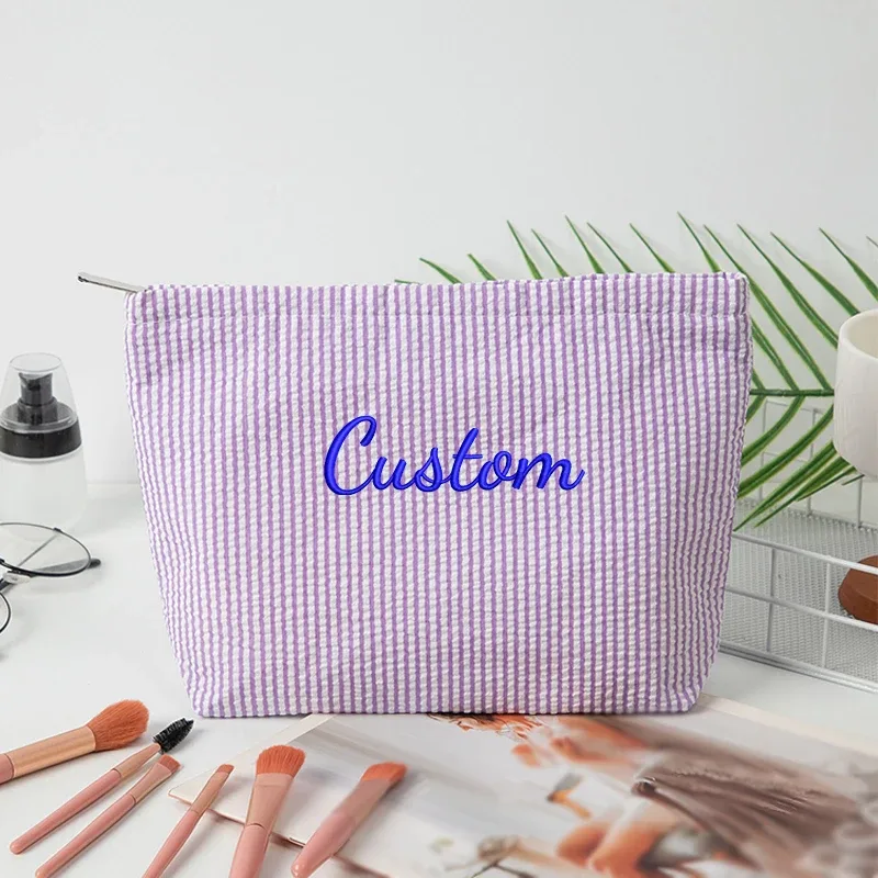 sac de maquillage rayé en gaze bulle, personnalisable avec broderie ou style standard (2 options), pochette de rangement, saison rentrée scolaire