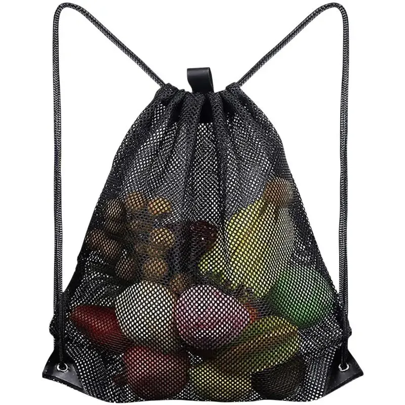 sac à dos en maille avec cordon de serrage, sacs en maille noirs, sac en filet robuste pour ballon de football, sac pour équipement de sport, plage et natation.