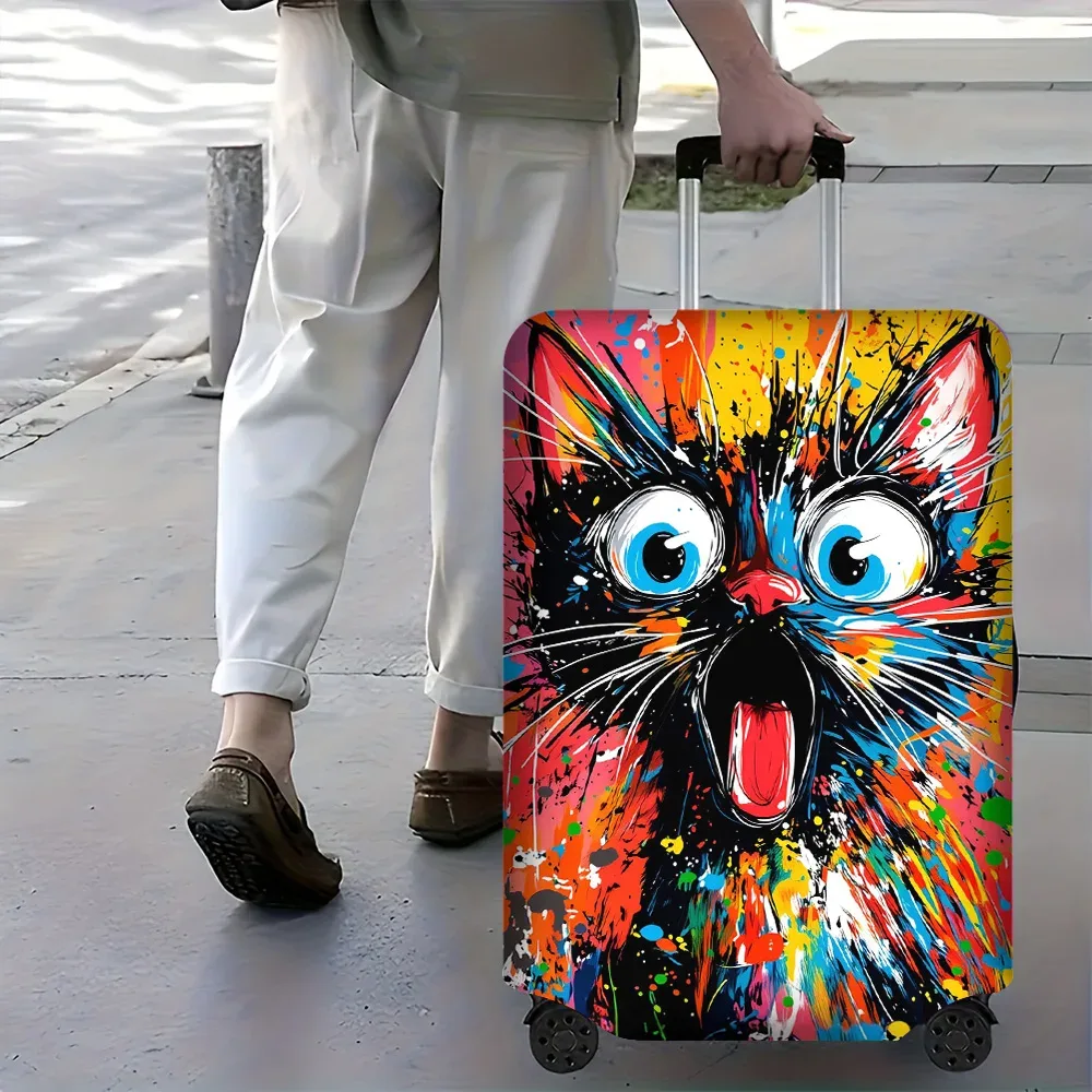 1 housse de bagage noire à imprimé visage de chat pour bagages de 18 à 32 pouces ; accessoires de voyage anti-poussière et élastiques pour une protection efficace