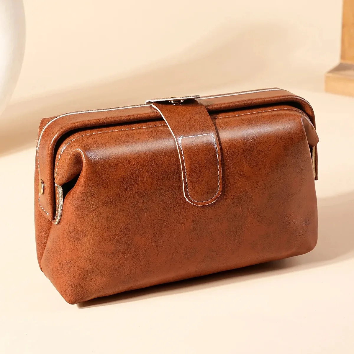 sac à cosmétiques en cuir pu vintage pour femmes et filles, porte-monnaie à boutons de couleur unie, trousse de maquillage étanche de grande capacité