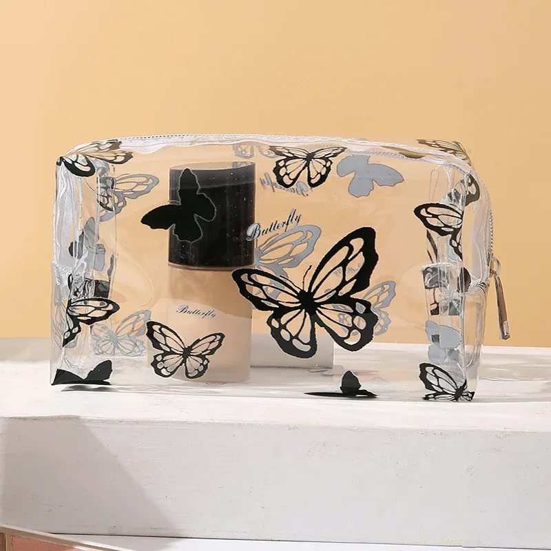 sac de maquillage transparent en pvc imprimé papillon pour femmes, sac de rangement octogonal pour cosmétiques, sac de lavage étanche de grande capacité pour voyage