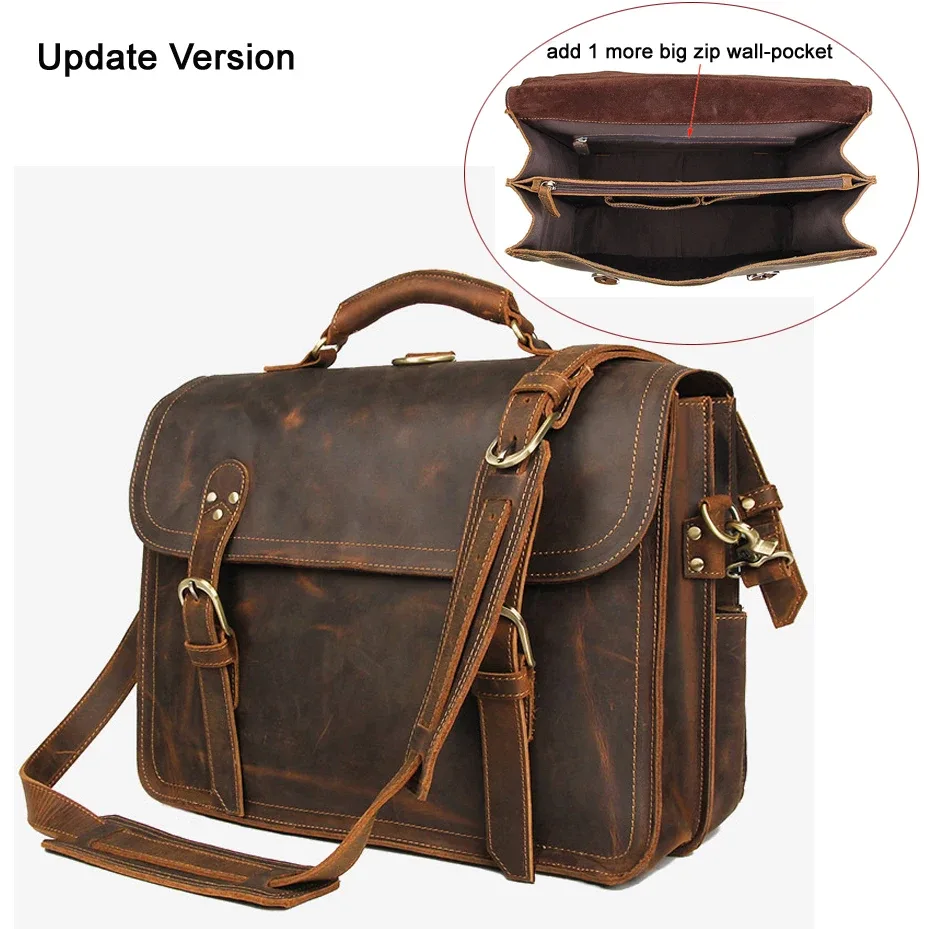 sac à main vintage en cuir véritable crazy horse pour homme, grand sac d'affaires, sac de bureau, sacoche pour ordinateur portable 15,6 pouces, sacoche d'épaule pour homme.