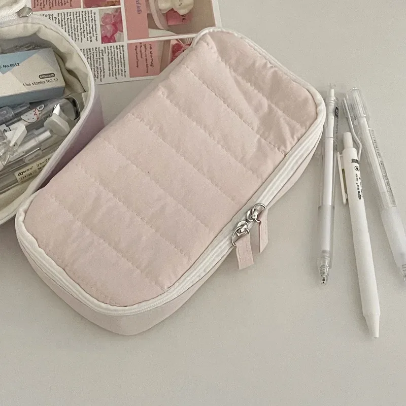 trousse à crayons en tissu doux matelassé, couleur unie, avec fermeture éclair, sac de rangement portable multi-usages pour étudiants et maquillage