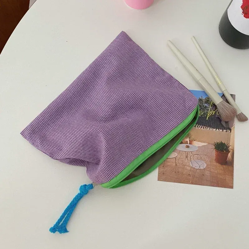 nouvelle trousse de maquillage à carreaux pour femme, grande capacité, en coton, avec fermeture éclair, pochette de voyage, sac cosmétique, nécessaire féminin