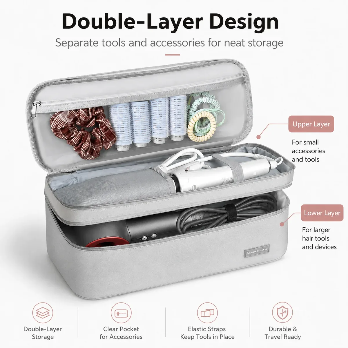 sac de voyage pour sèche-cheveux, grand organisateur d'outils de coiffure, étui de rangement double couche pour fer à boucler, lisseur, sèche-cheveux