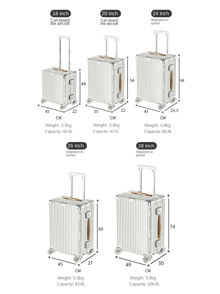 valise cabine 18/20 pouces avec cadre en aluminium, valise de voyage à grande capacité 28 pouces en pc, valise à roulettes avec serrure tsa