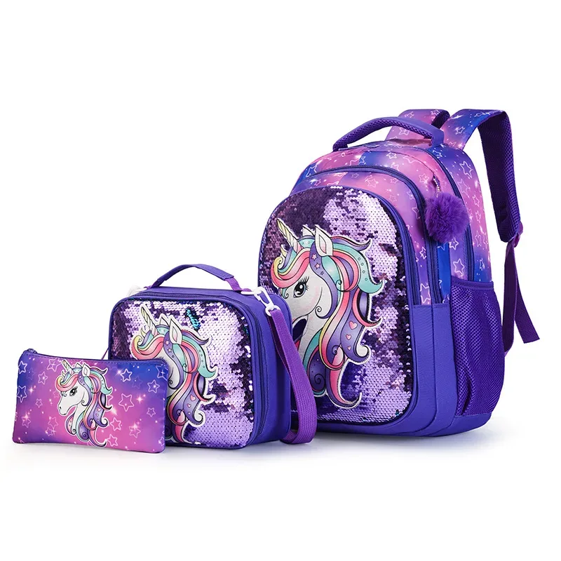 ensemble de sacs à dos pour filles, style princesse, léger, 3 pièces, avec boîte à lunch et trousse à crayons pour enfants filles