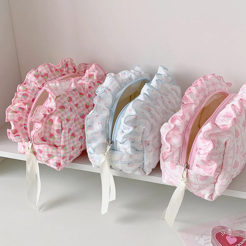 sac de rangement pour cosmétiques matelassé avec nœud et volants, grande capacité, en polyester et coton, organiseurs de maquillage pour femmes et filles, idéal pour les voyages
