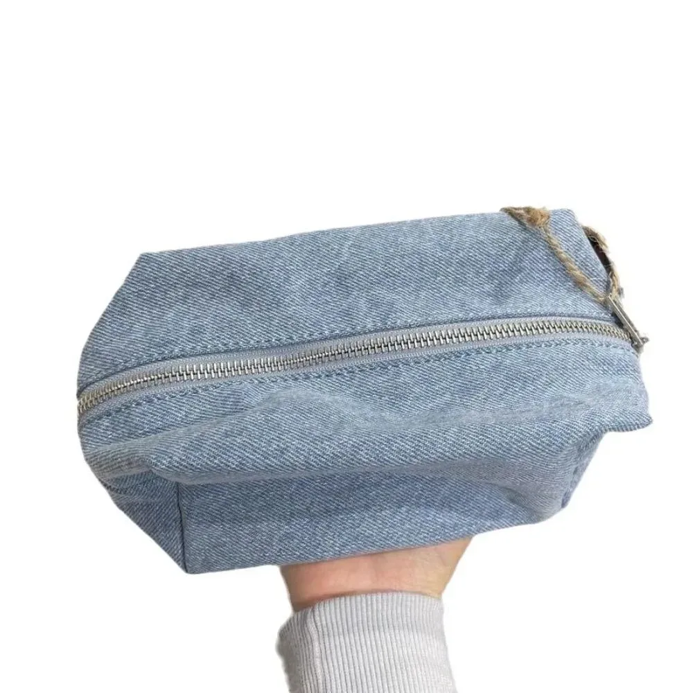 trousse de maquillage en jean bleu uni, organisateur de voyage, trousse à crayons style coréen pour étudiant, sacs cosmétiques rectangulaires en jean avec fermeture éclair