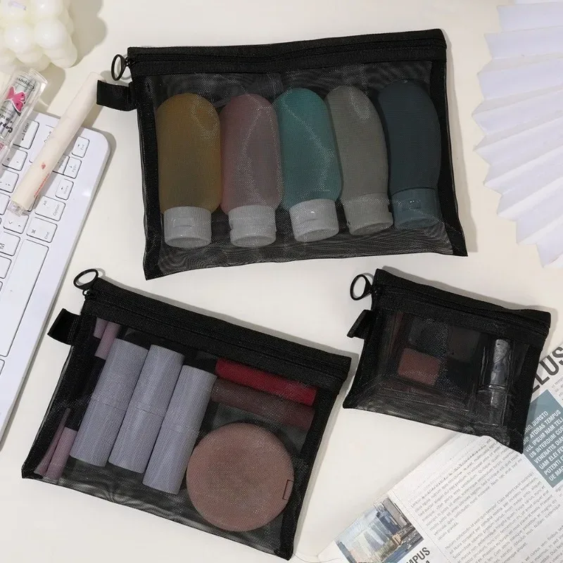 lot de 3 trousses de toilette transparentes en maille, légères et portables, pour maquillage et rangement, noires