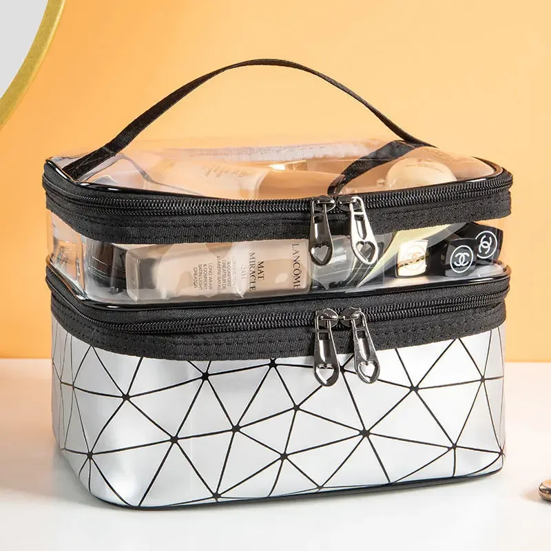sac à cosmétiques imperméable en pvc pour femmes, sac à main portable de voyage en cuir pour articles de toilette, rangement, trousse de maquillage, sac à main transparent