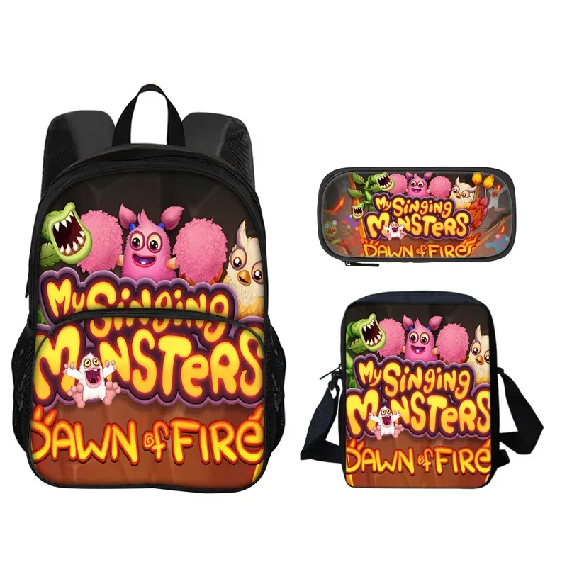 Sac à dos My Singing Monsters, sac à stylos, sac à bandoulière, ensemble de 3 pièces imprimé pour garçons et filles de maternelle et d'école primaire