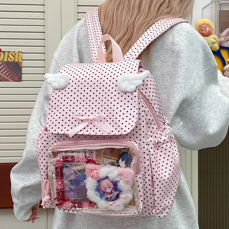sac à dos mignon à pois, aile d'ange, nœud rose, poche transparente, sac à dos de grande capacité, sac de trajet sweet lolita pour femmes