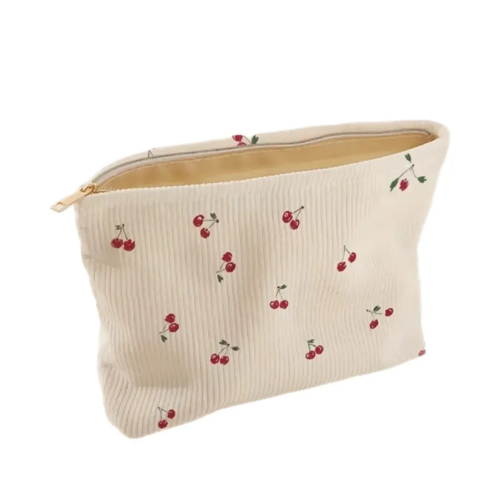trousse de maquillage en velours côtelé cerise peinte à la main, trousse de toilette légère de voyage, organisateur de cosmétiques de style bohème