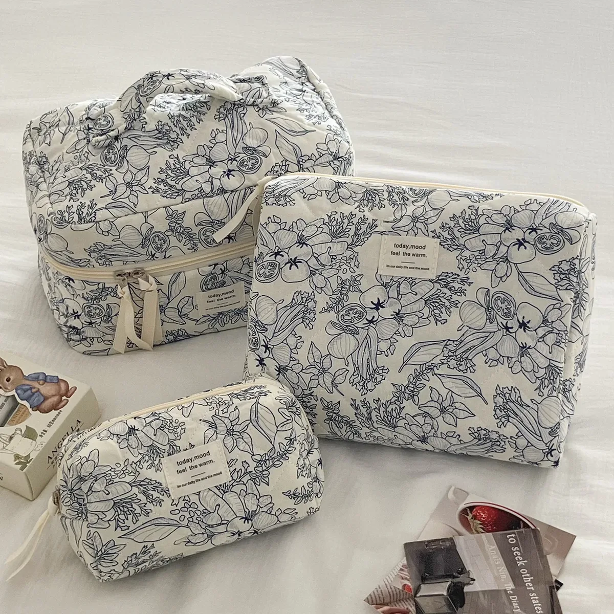 EvaluFlower-Trousse de maquillage en coton matelassé avec fermeture éclair pour femme, sac à main pour femme, trousse de toilette portable, sac à main pour fille, voyage