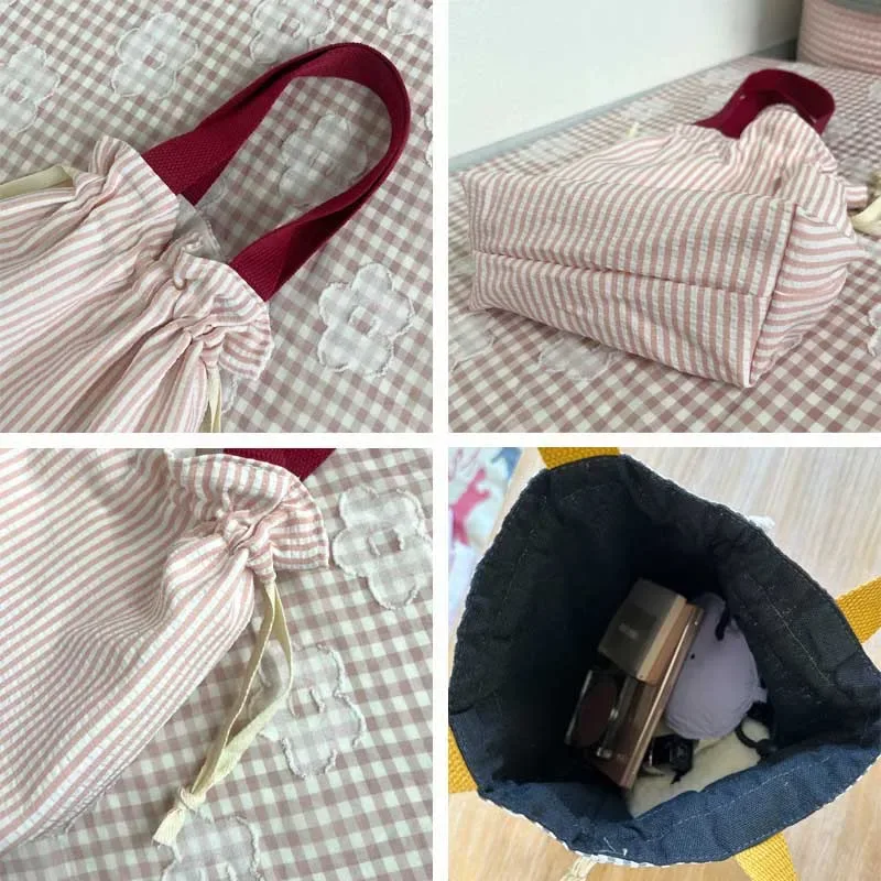 sac organisateur à cordon avec poignée supérieure, rayures, portable, porte-monnaie à main, pratique, réutilisable, pochette de voyage, pique-nique