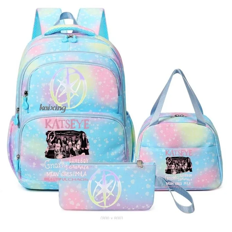 hot katseye drôle impression sacs d'école avec des sacs à déjeuner 3 pièces coloré garçons et filles sac à dos primaire voyage en plein air ordinateur portable mochilas