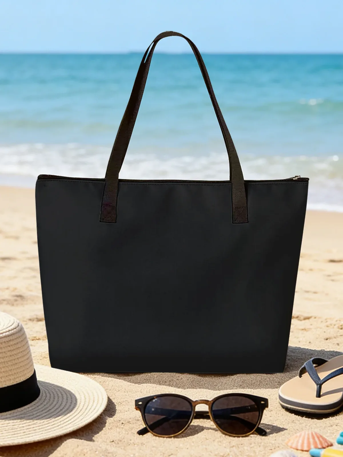 sac de plage noir à imprimé cœurs, avec poche latérale en maille, fermeture éclair, imperméable, sac à bandoulière de voyage