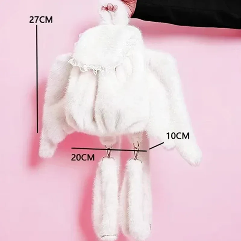 blanc fausse fourrure ailes d'ange sac à dos dentelle décor mignon sac à bandoulière en peluche kawaii sac à dos femmes doux élégant hiver sac à dos décontracté