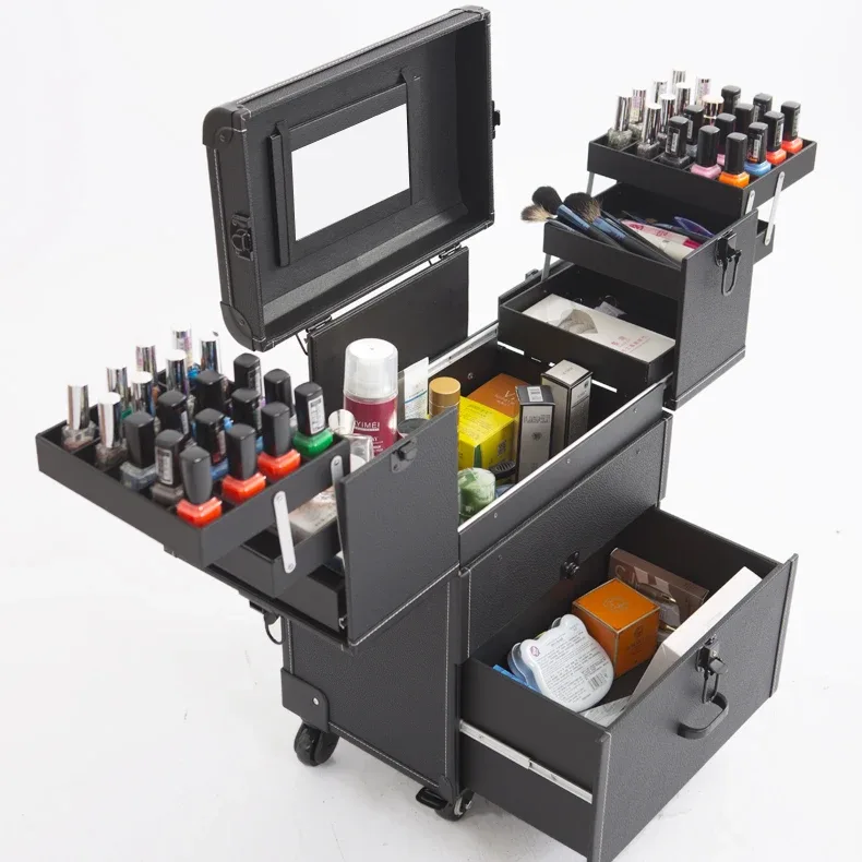 boîte à cosmétiques de luxe, valise de grande capacité, boîte à outils de broderie, chariot professionnel multicouche, bagage à roulettes de voyage de maquillage