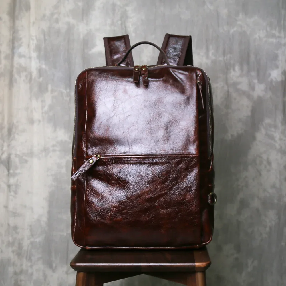 sac à dos vintage en cuir pleine fleur pour homme, grande capacité, pour ordinateur portable, décontracté, professionnel, en cuir huilé, double bandoulière