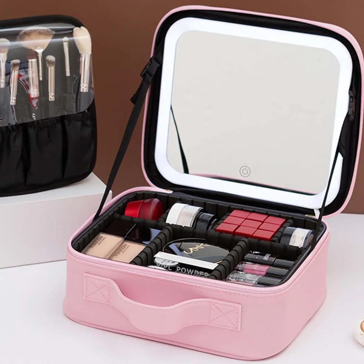 trousse de maquillage de voyage à lumière led avec miroir, grande capacité, sac de rangement avancé, étui de rangement portable, serrure à combinaison
