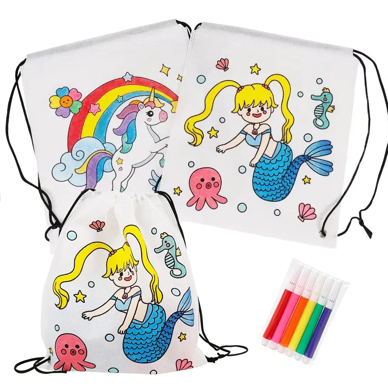 2 à 12 sacs à dos à cordon de serrage avec motifs à colorier, sacs de rangement non tissés pour étudiants, fournitures éducatives, sacs de rangement pour livres de tutoriels TMZ